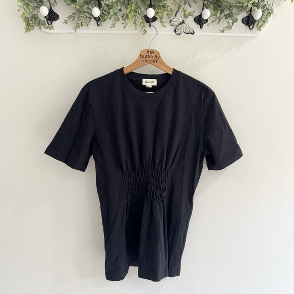 Open Edit Pintuck Cinched Waist Short Sleeve Black Tee Medium LS - Picture 1 of 3